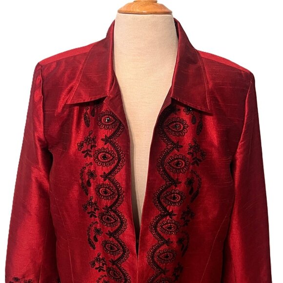 Silk Land Womens Long Sleeve Blazer Jacket Red 12 Christmas Holiday Embroidered - Picture 2 of 10